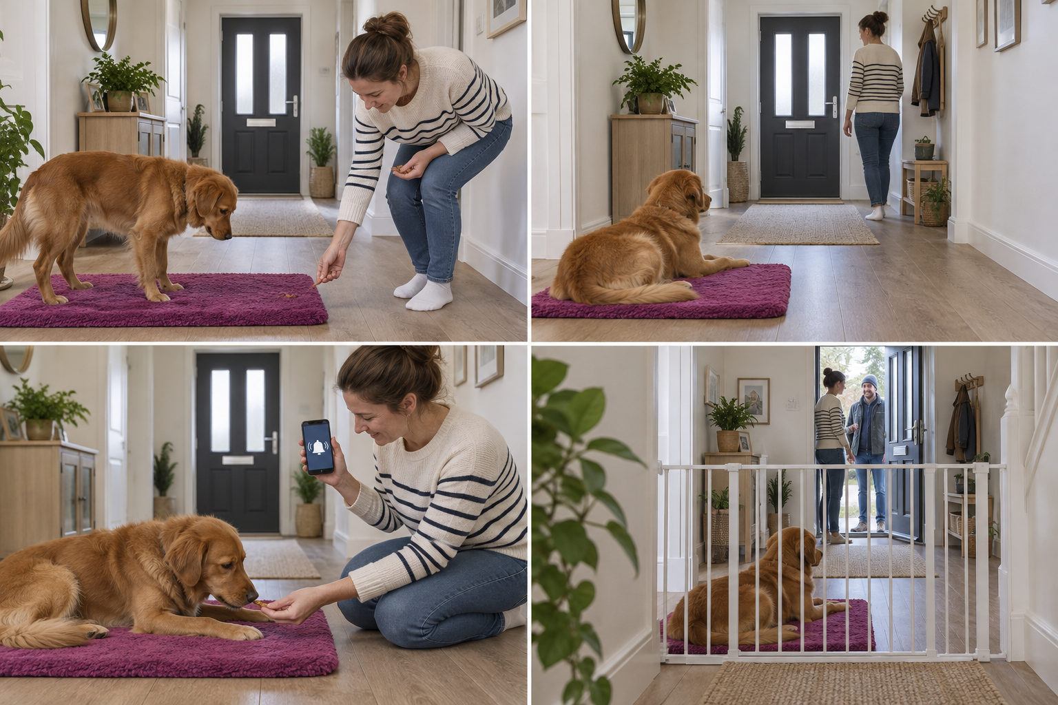 A person rewards a dog on a magenta mat away from the front door.